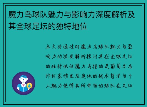 魔力鸟球队魅力与影响力深度解析及其全球足坛的独特地位