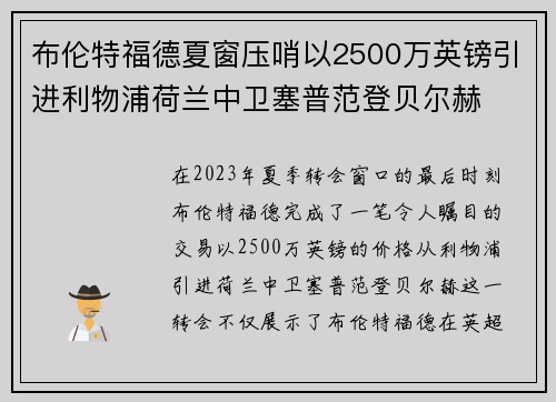 布伦特福德夏窗压哨以2500万英镑引进利物浦荷兰中卫塞普范登贝尔赫 布伦特福德夏窗压哨以2500万英镑引进利物浦荷兰中卫塞普范登贝尔赫